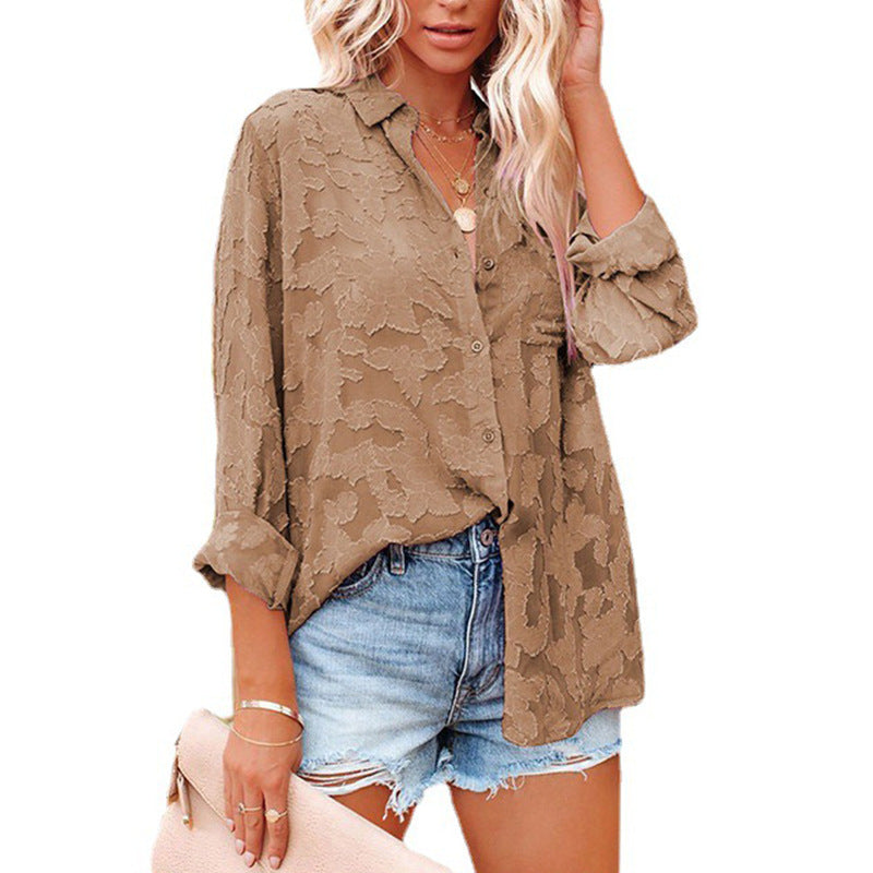 Women's Long Sleeve Shirt in Solid Color with Hollow Chiffon Jacquard and Button Detail