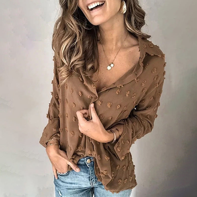 Solid Color Ladies Lapel Long-sleeved Shirt