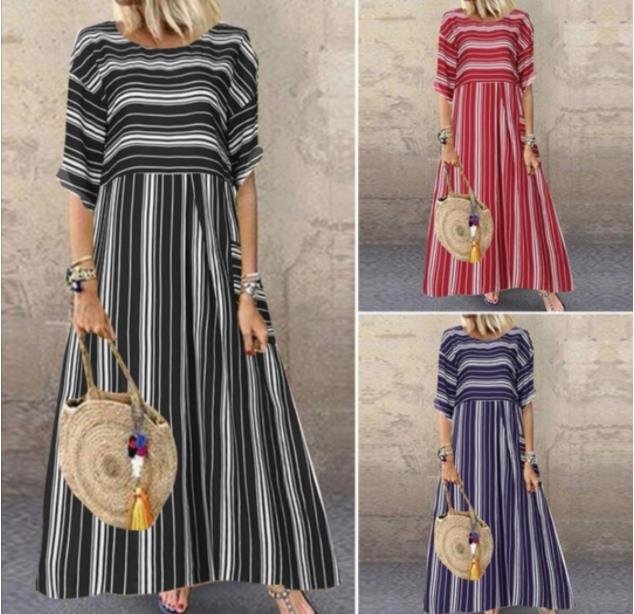 Striped Mid-Waist Dress with Mid-Sleeve Fishtail Cotton High-Waist Long Skirt