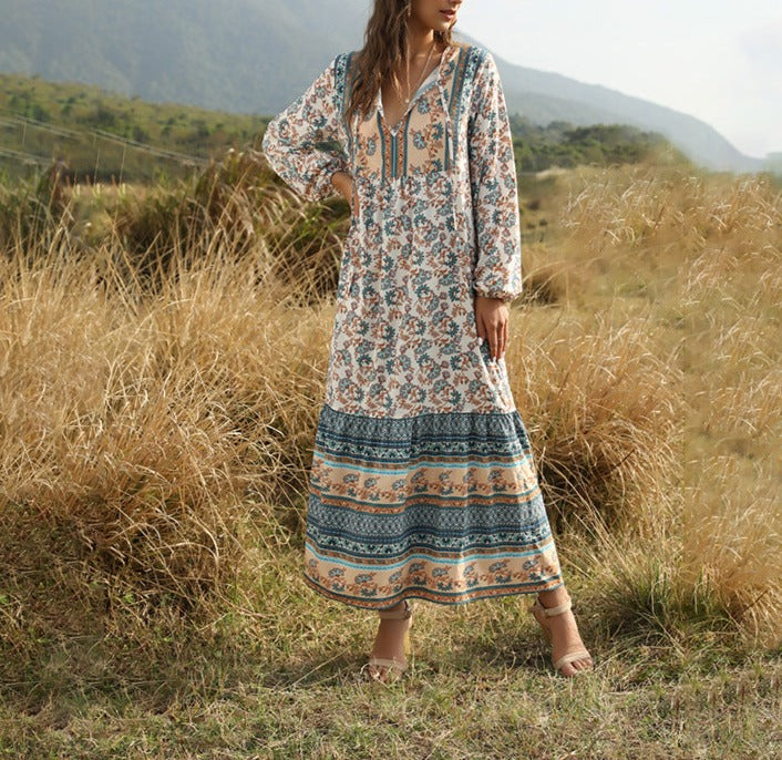 Long Bohemian Dress with Lace-Up Detail and Print