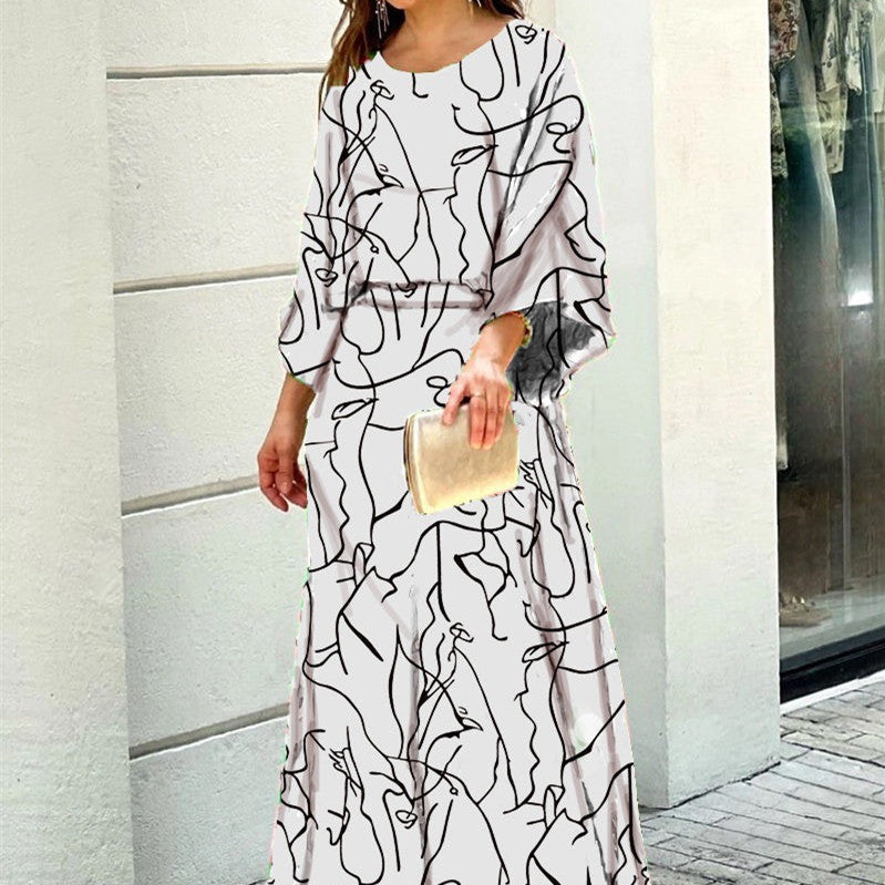 Loose-Fit Printed Top and Skirt Set with Long Sleeves for Women