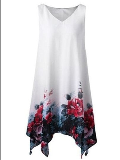 Large Size Women's Sleeveless V-neck Chiffon Positioning Flower Irregular Dress