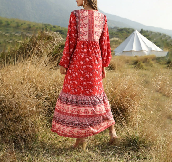 Long Bohemian Dress with Lace-Up Detail and Print