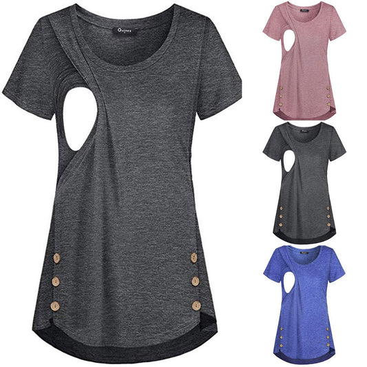 Stylish Short-Sleeved Round Neck Top with Double Row Button Detail