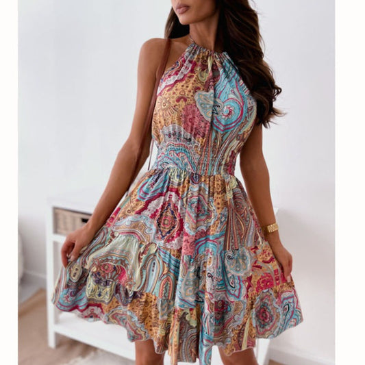 Floral Backless Dress Boho Pleated Skirt