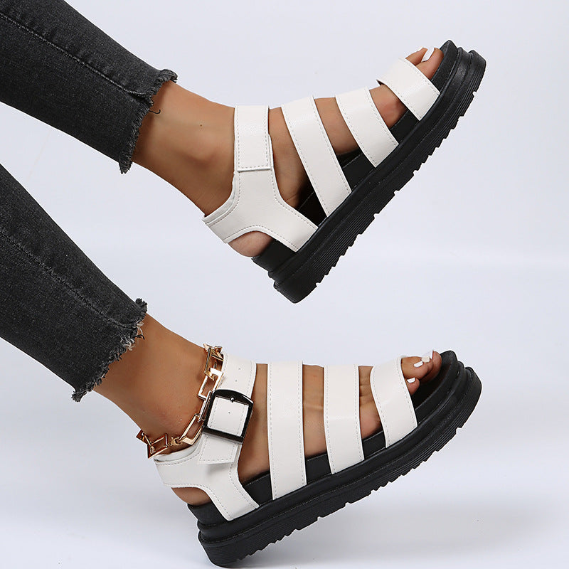 Metal Buckle Flat Platform Thick Bottom Shoes Women