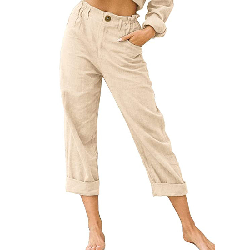 Women's Cotton Linen Patchwork Pants with Drawstring Waist and Loose Casual Fit