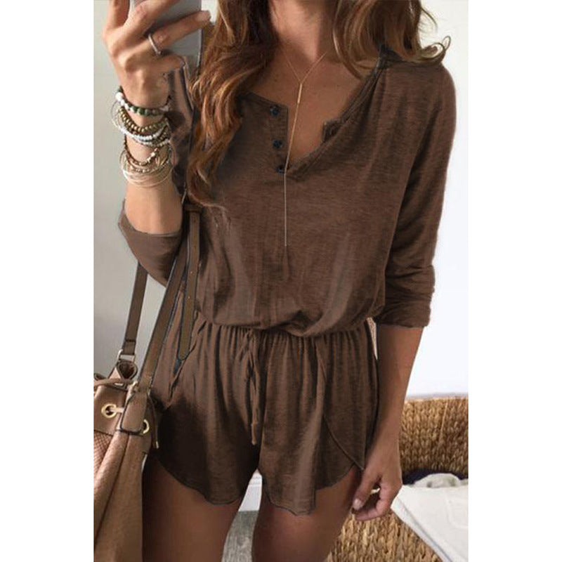 Short Sleeve Jumpsuit with Button and Lace Details, Solid Color