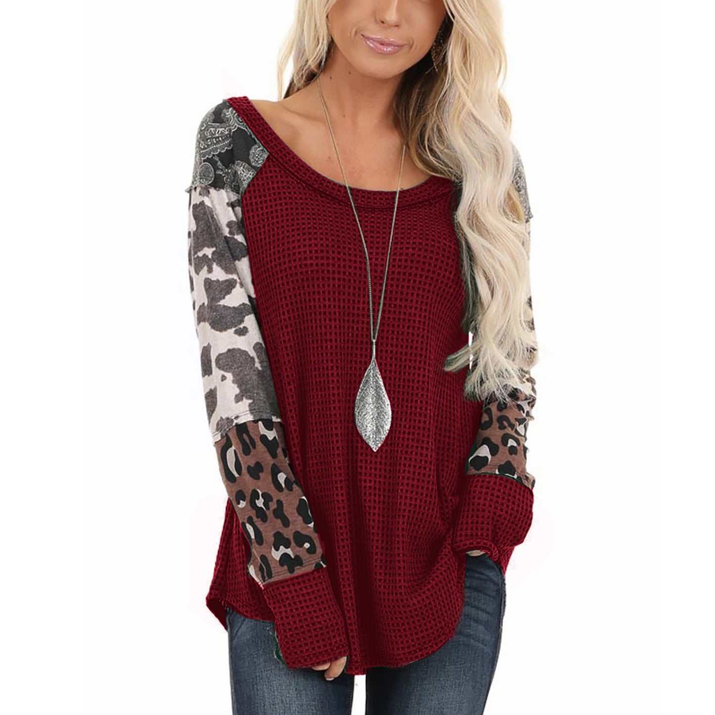 Women's Printed Patchwork Pullover Round Neck Long Sleeve T-Shirt Top