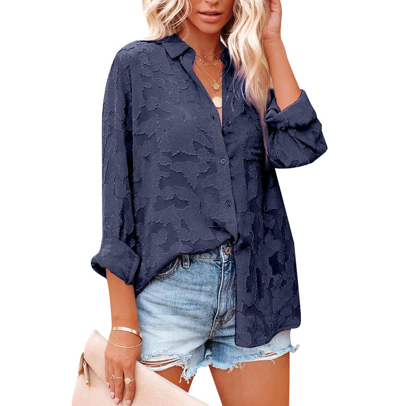 Women's Long Sleeve Shirt in Solid Color with Hollow Chiffon Jacquard and Button Detail