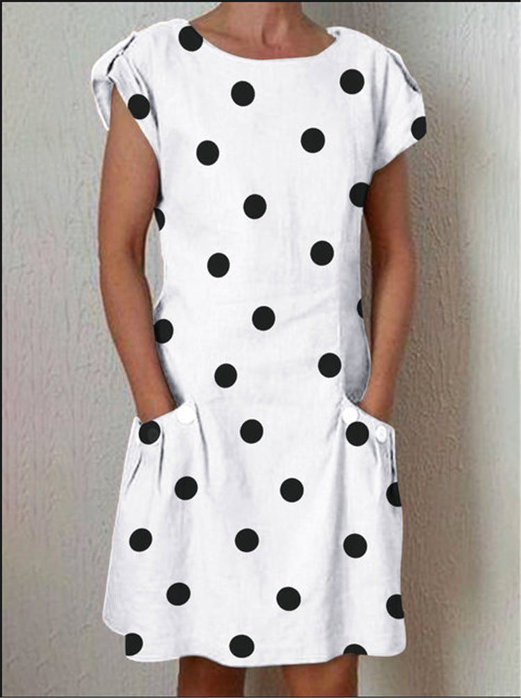 Printed Polka Dot Short Sleeve Dress with Crew Neck and Adjustable Patch Pockets