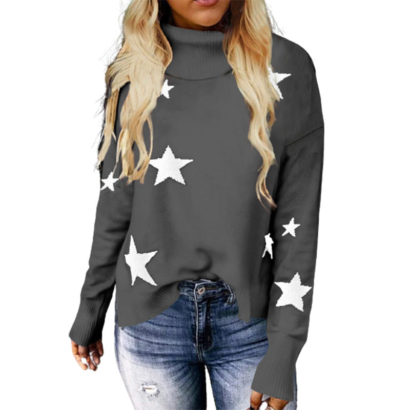 Women's Turtleneck Knitted Sweater with Pattern, Long Sleeves, and Pullover Style