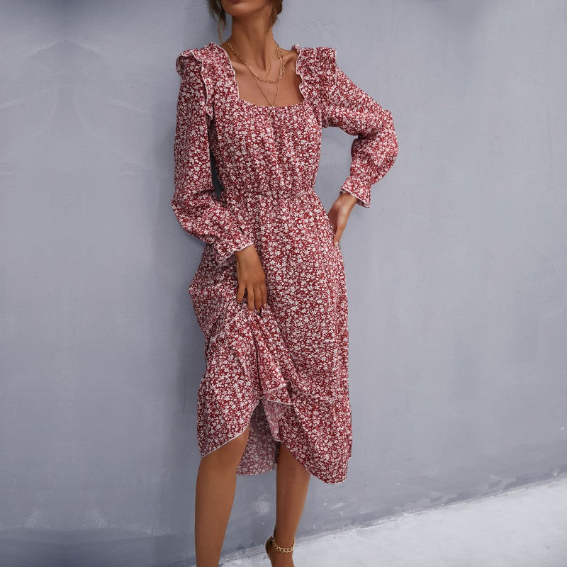 Women's Fashion Long Sleeve Floral Square Neck Dress