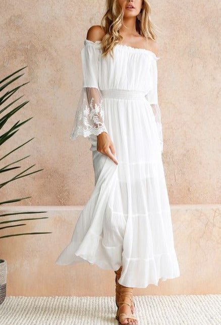 Lace stitching flared sleeve dress