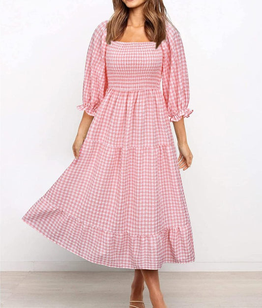 Ladies Plaid Cotton And Linen Elastic Waist Dress