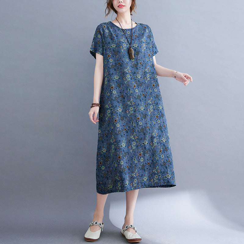 Literary Loose Cotton And Hemp Printed Round Neck Short-sleeved Dress For Women