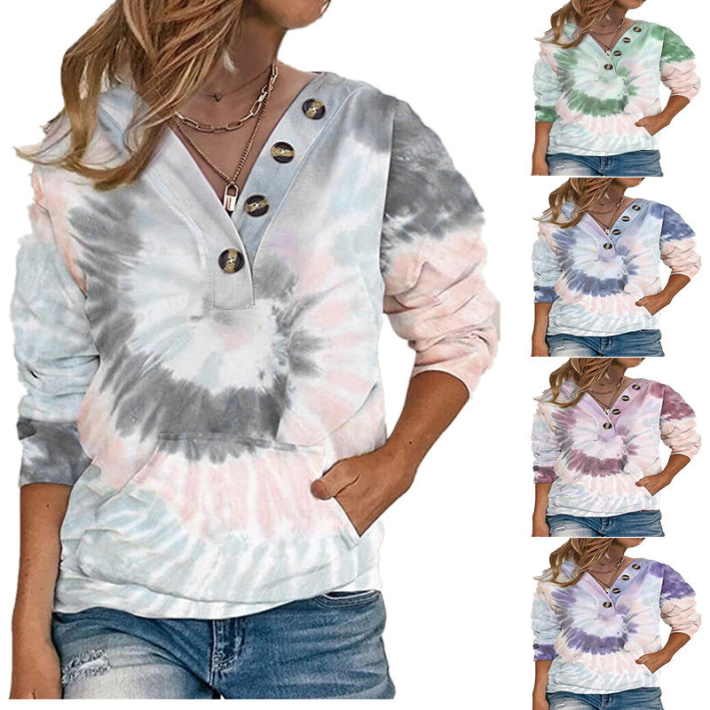 Women's Loose Tie-dyed Printed Button Long-sleeved Sweater