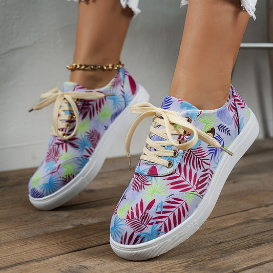 Women's Canvas Lace-Up Flats: Stylish Leaves Print Casual Sneakers