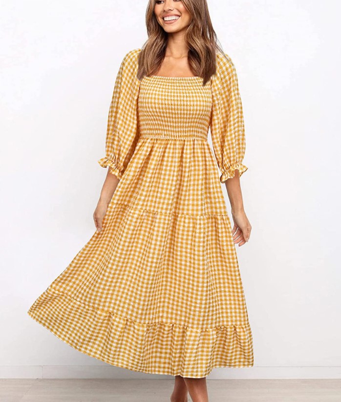 Ladies Plaid Cotton And Linen Elastic Waist Dress