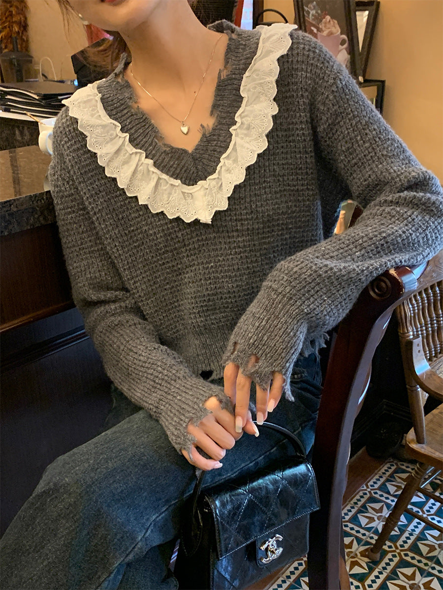 Spliced Wooden Ear Neck Waffle Sweater Women's V-neck Tassel Knitted Short Top