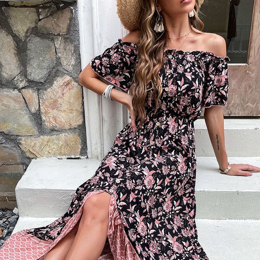 Midi Floral Print Slip-Neck Black Dress