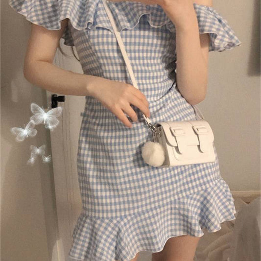 Ruffles Vintage Ins Off Shoulder Plaid Dress