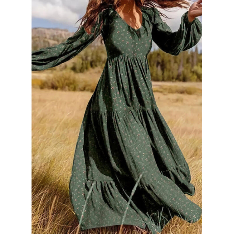 Women's Casual Chiffon V-Neck Pullover Dress with Large Swing and Elegant Temperament