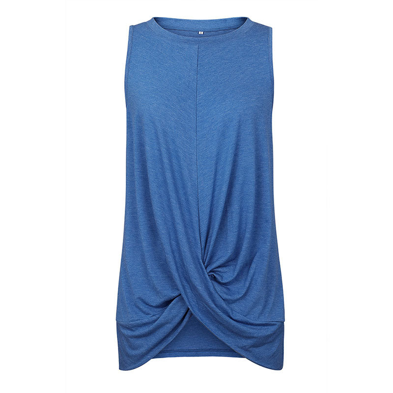 Sleeveless Round Neck T-shirt Top with Pleated Stitching