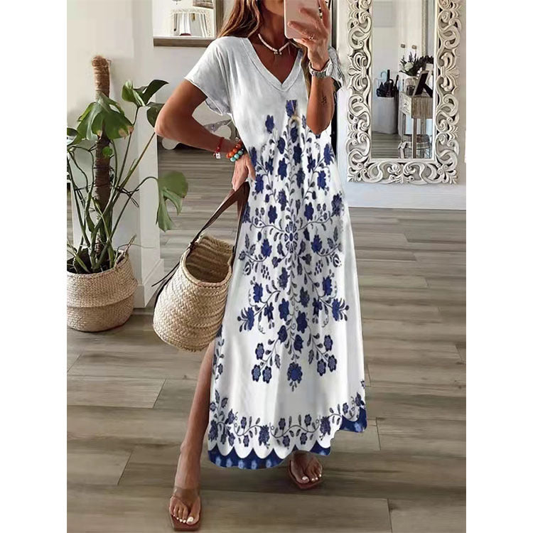 Loose Casual Short Sleeve Dress with Printed Design for Women