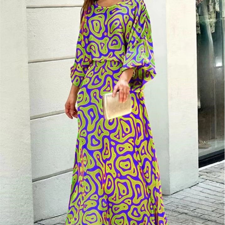 Loose-Fit Printed Top and Skirt Set with Long Sleeves for Women