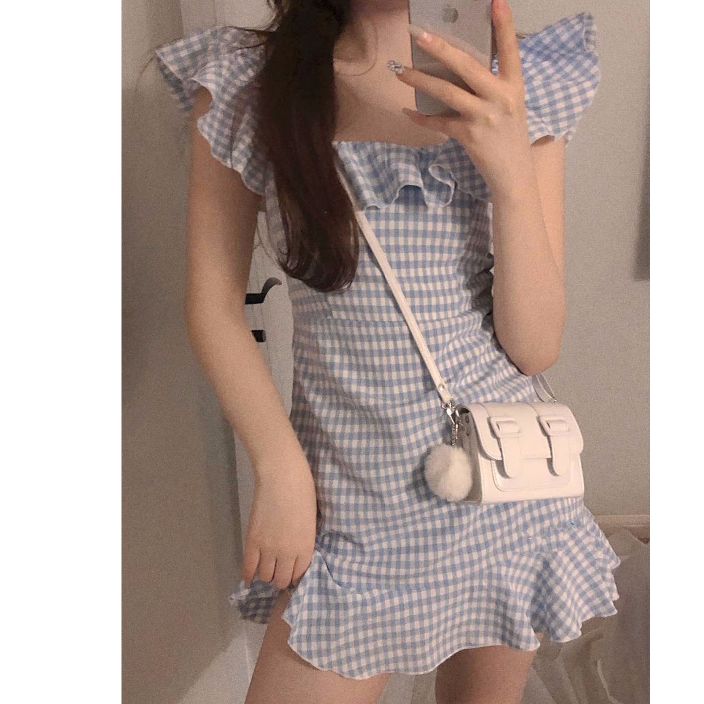 Ruffles Vintage Ins Off Shoulder Plaid Dress