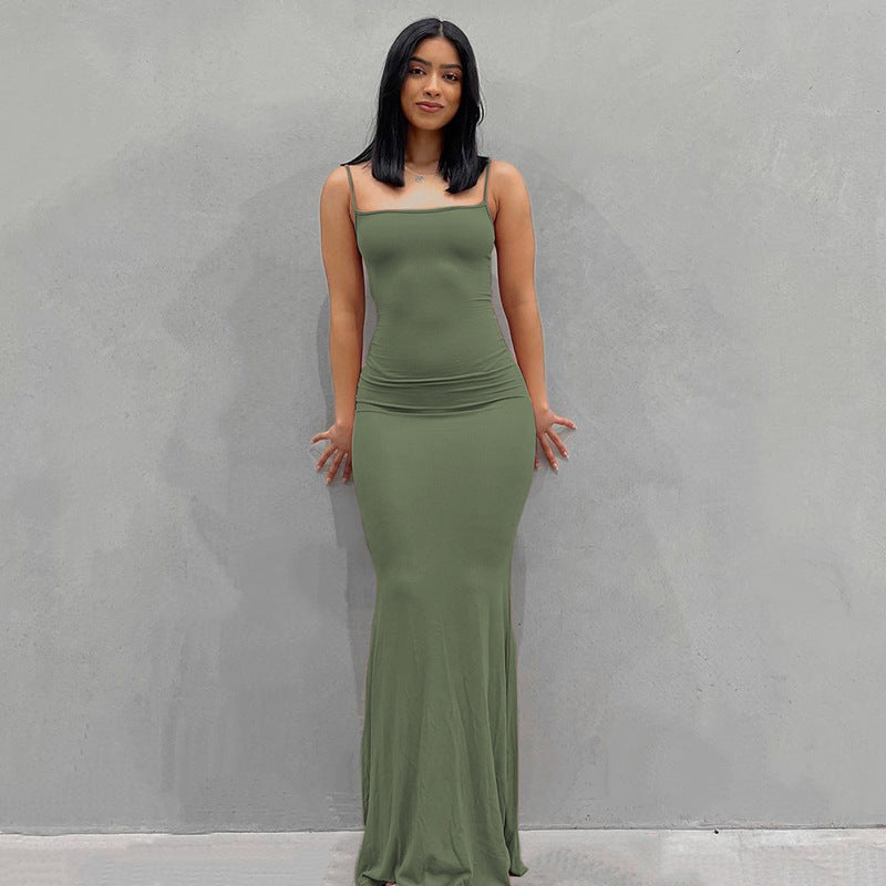 New Fashion Solid Color Sleeveless Sling Long Dress