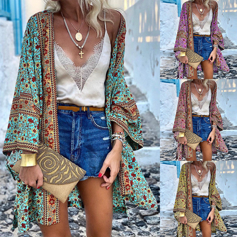 Loose Boho Printed Midi Cardigan for Women with Long Sleeves