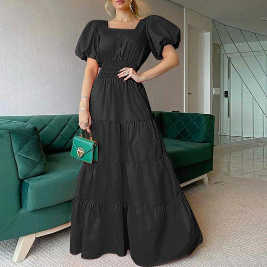 Square Neck Bubble Sleeve Long Skirt Dress