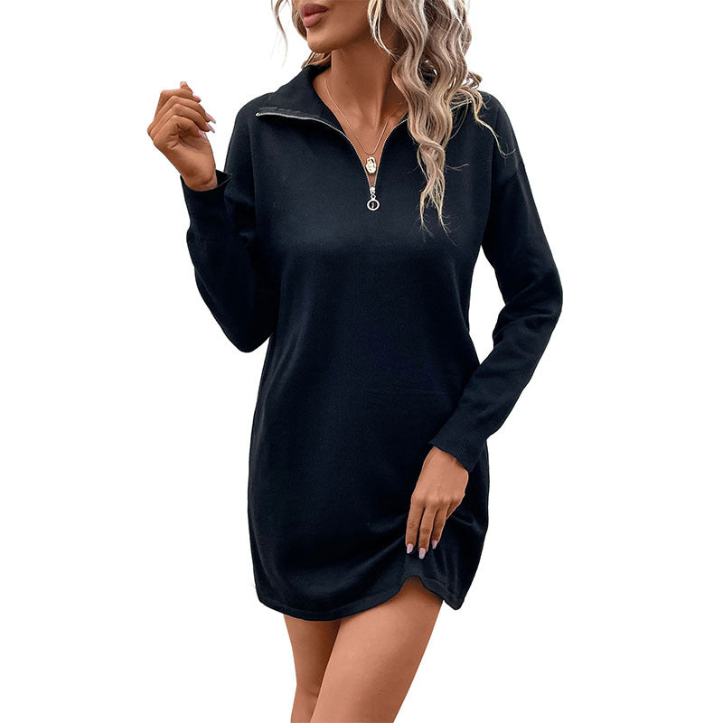 Solid Color Lapel Zipper Bottoming Sweater Dress for Women: A Stylish and Comfortable Choice