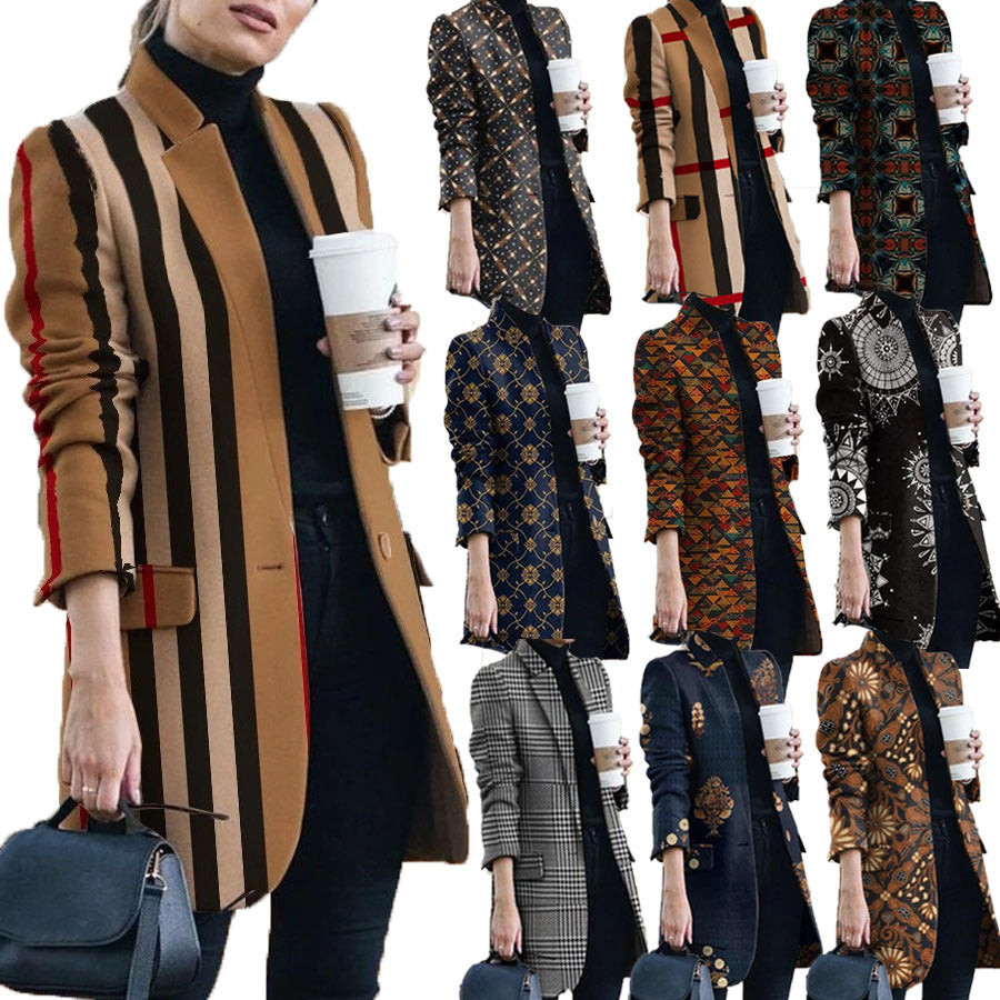 Women's Stand-Collar Woolen Coat with Fashion Print