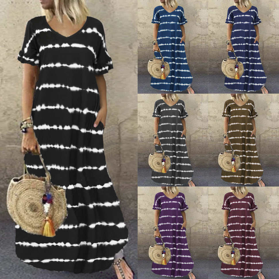 Women's Ruffle Sleeve Striped Print Long Dress Plus Size Casual Skirt