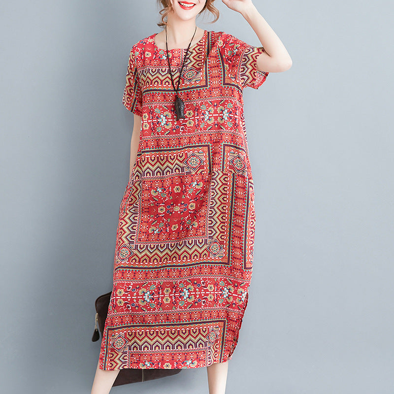 Women's Literary Retro Loose Print Ethnic Style Dress: New Arrival