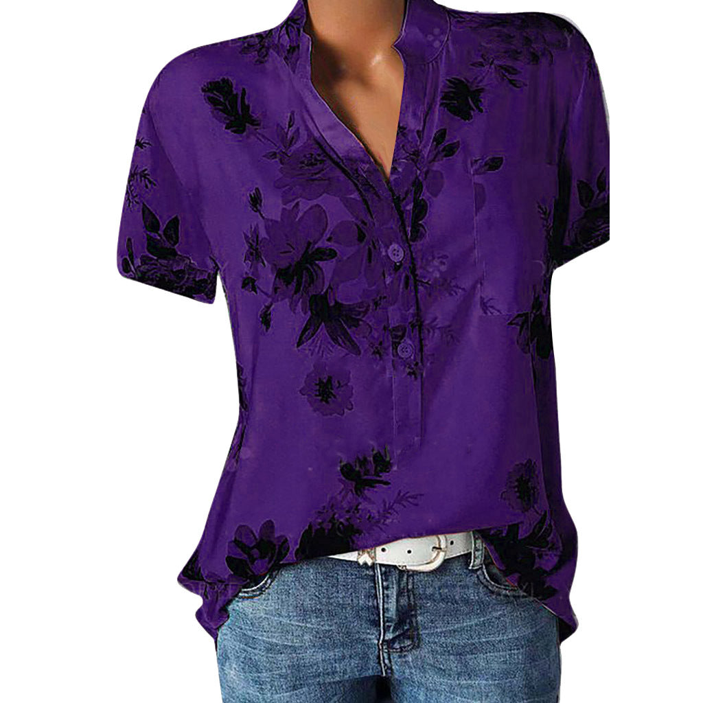 Fashion Flower Printed Tops V-neck Short Sleeve Shirt