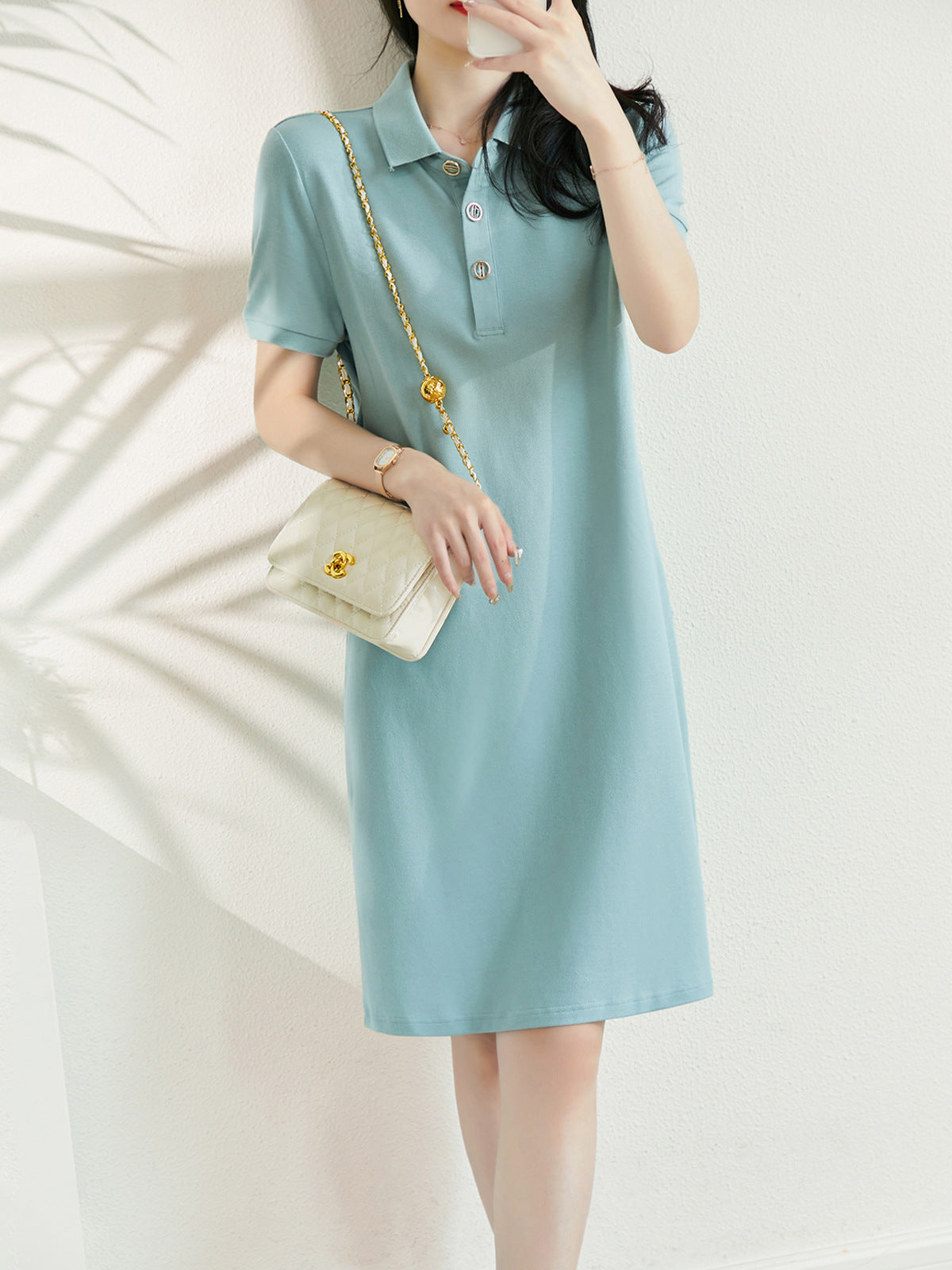 Polo Collar Half-opening Straight Mid-length Dress Women