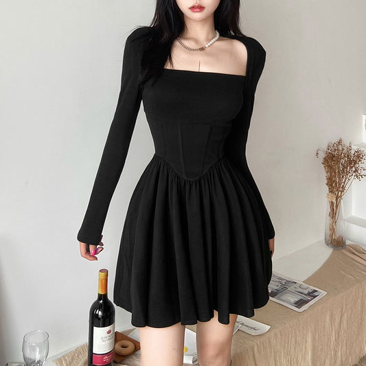 Solid Color Slim High Waist Street Fashion Square Neck Long Sleeve Dress