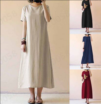 Cotton and Linen Short Sleeve Dress with Garden Collar for Women