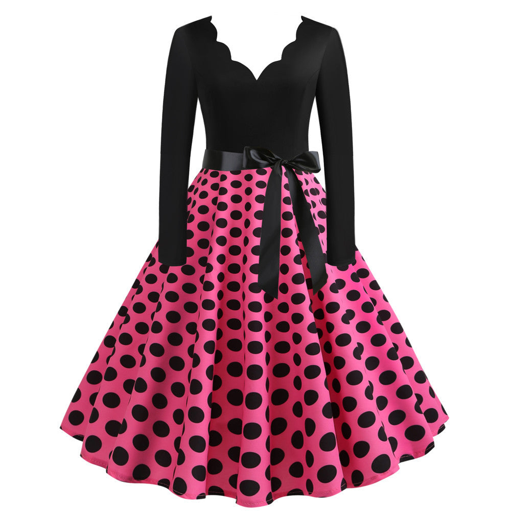 Women's Fashion Casual V-neck Polka Dot Long Sleeve Printed Dress