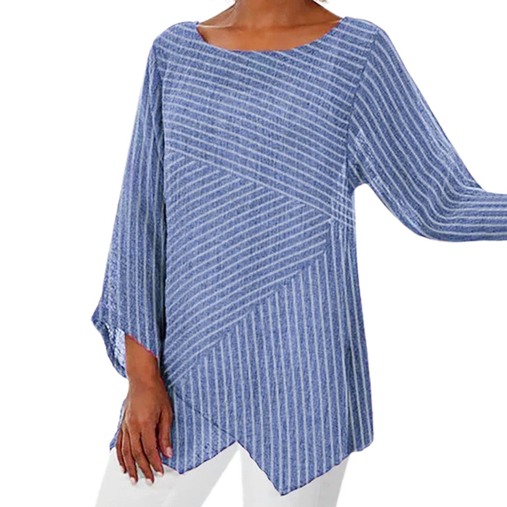 V-neck striped irregular long-sleeved shirt