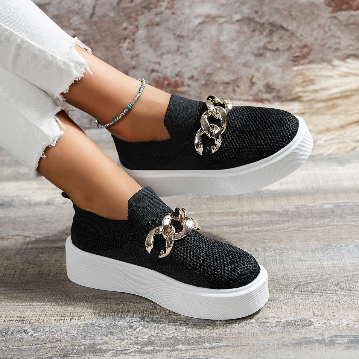 Women's Metal Chain Thick Sole Breathable Fly Knitted Shoes
