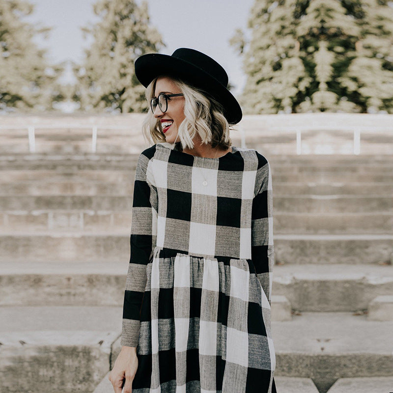 Checkered Women's Dress with a Round Neck