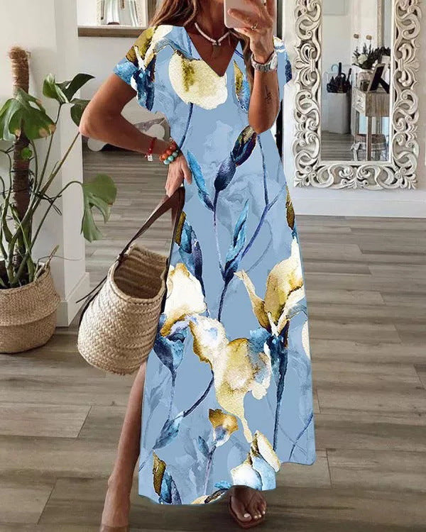 Mid-Length Casual Loose Dress with Digital Print, V-Neck, and Short Sleeves