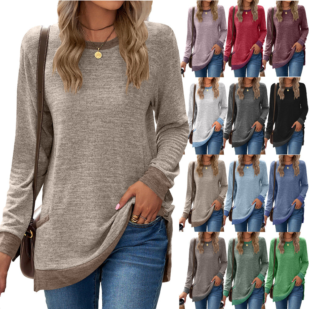 Round Neck Multicolor Pocket Long Sleeve Pullover Top Loose-fitting Casual T-shirt