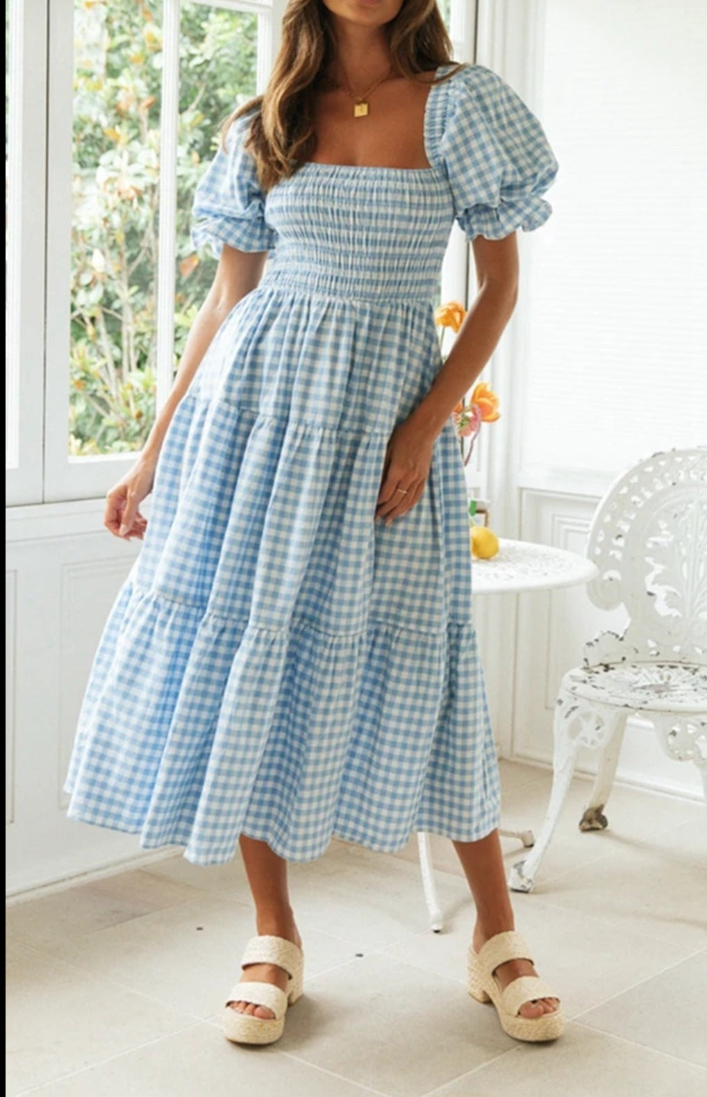 Plaid Dress Square Collar Puff Sleeve High Waist