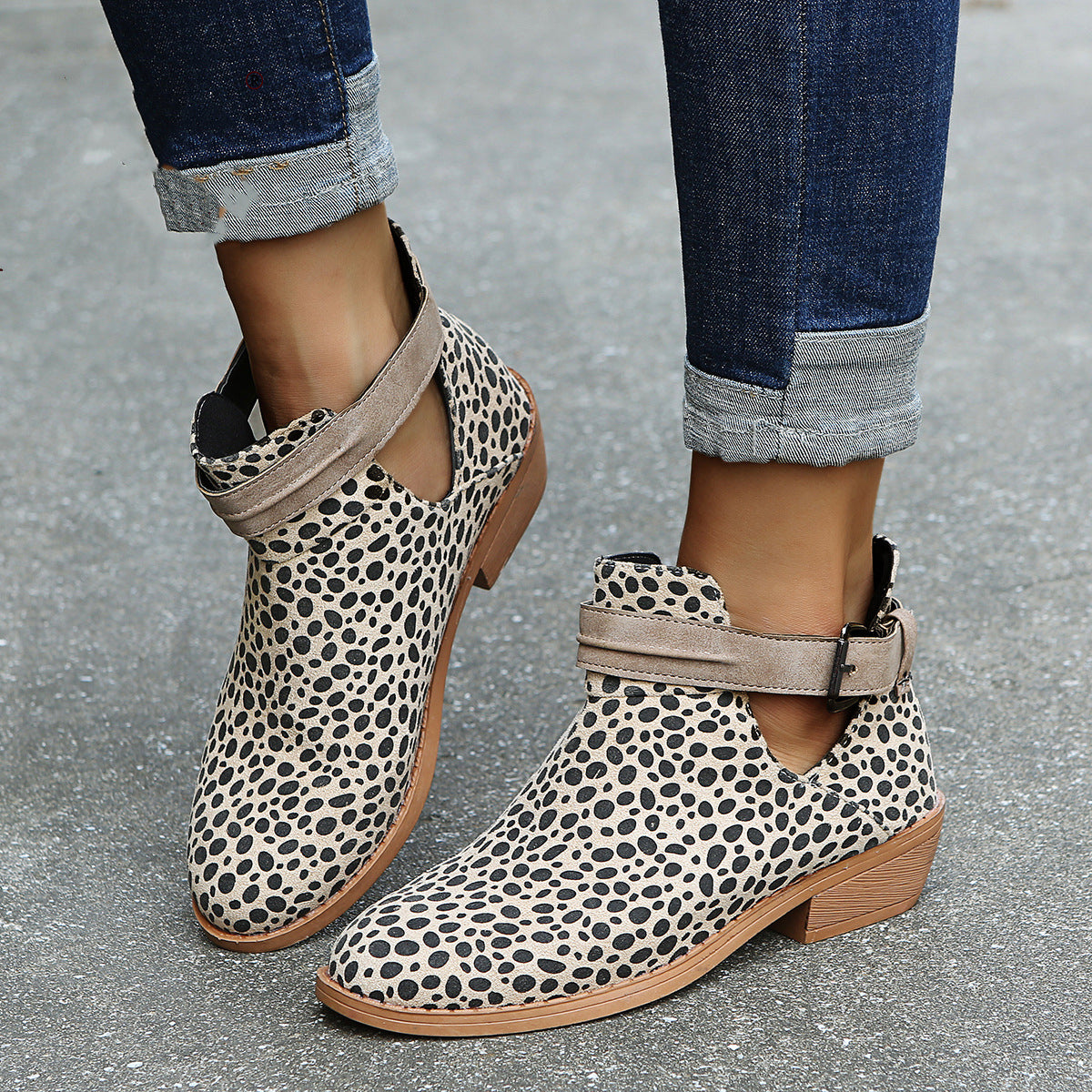 Stylish Leopard Print V Cutout Ankle Boots with Buckle for Women